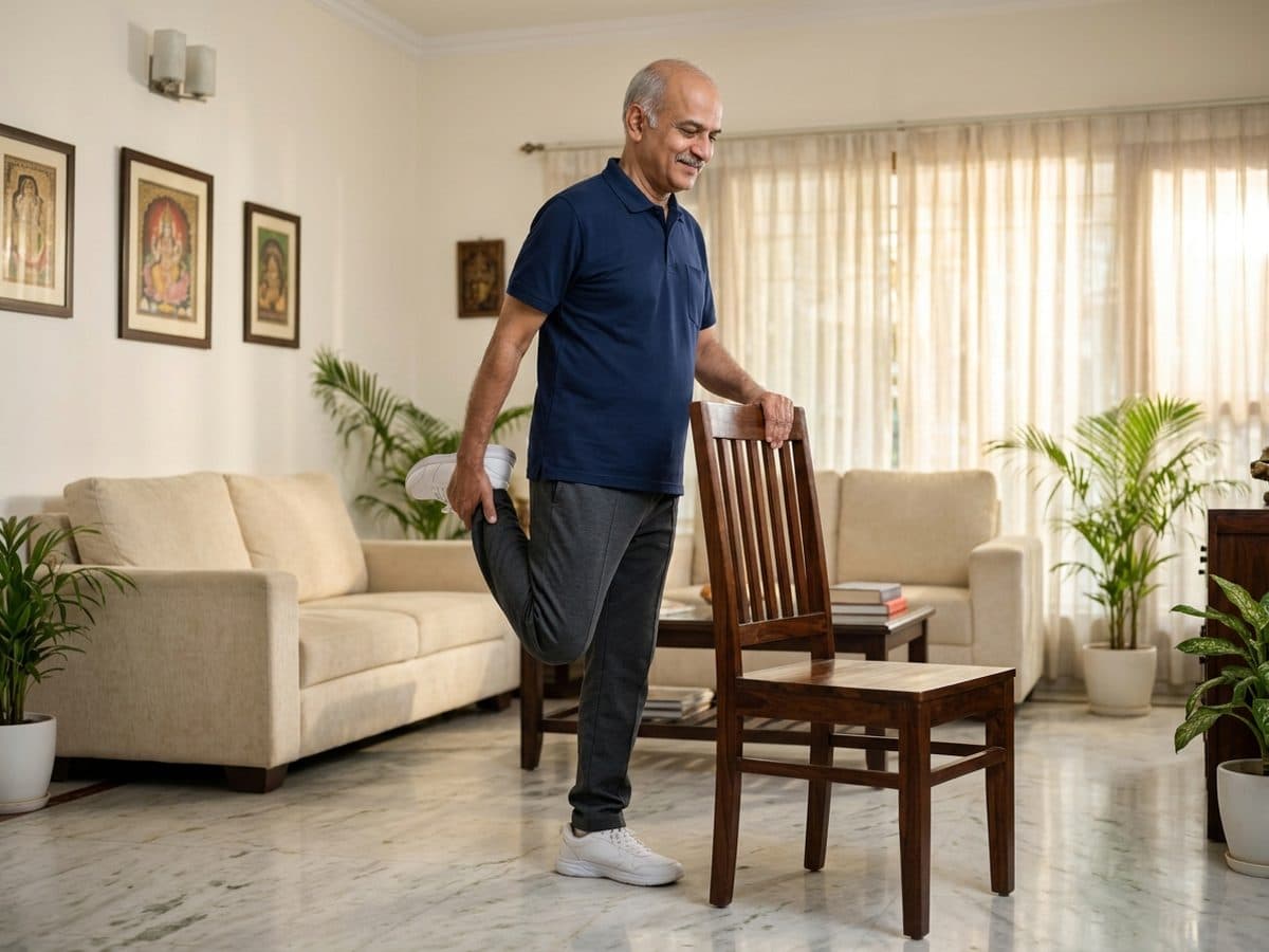 Standing hamstring curl: an older Indian adult demonstrating the exercise at home