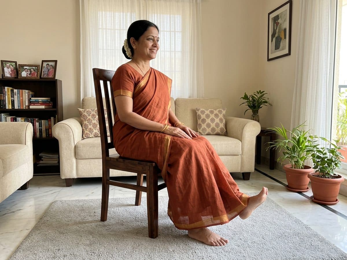 Ankle pumps: an older Indian adult demonstrating the exercise at home