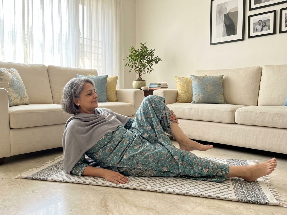 Heel slides: an older Indian adult demonstrating the exercise at home
