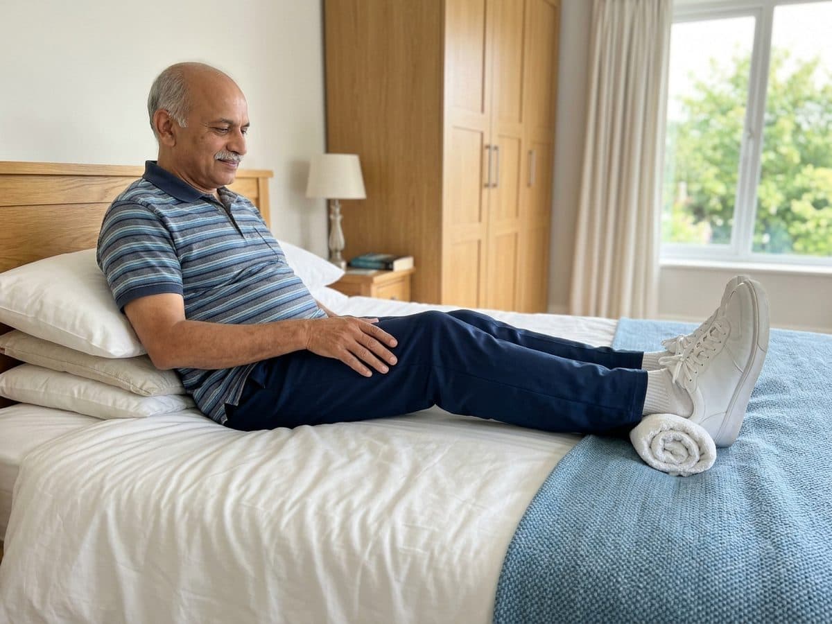 Quad sets (static thigh squeeze): an older Indian adult demonstrating the exercise at home