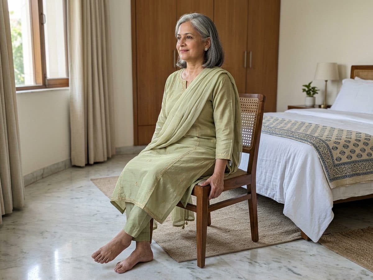 Seated knee bend with the other leg helping: an older Indian adult demonstrating the exercise at home