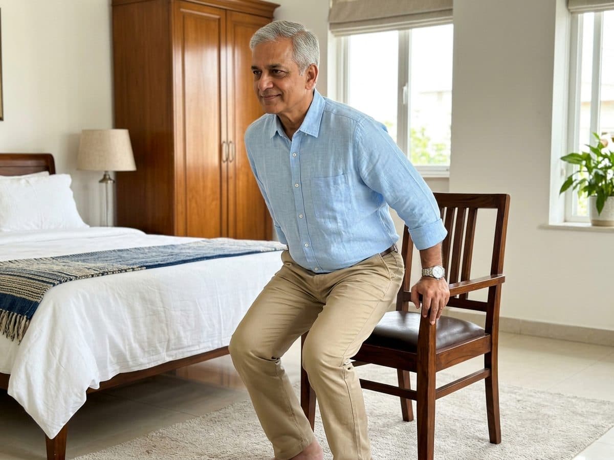 Sit-to-stand: an older Indian adult demonstrating the exercise at home