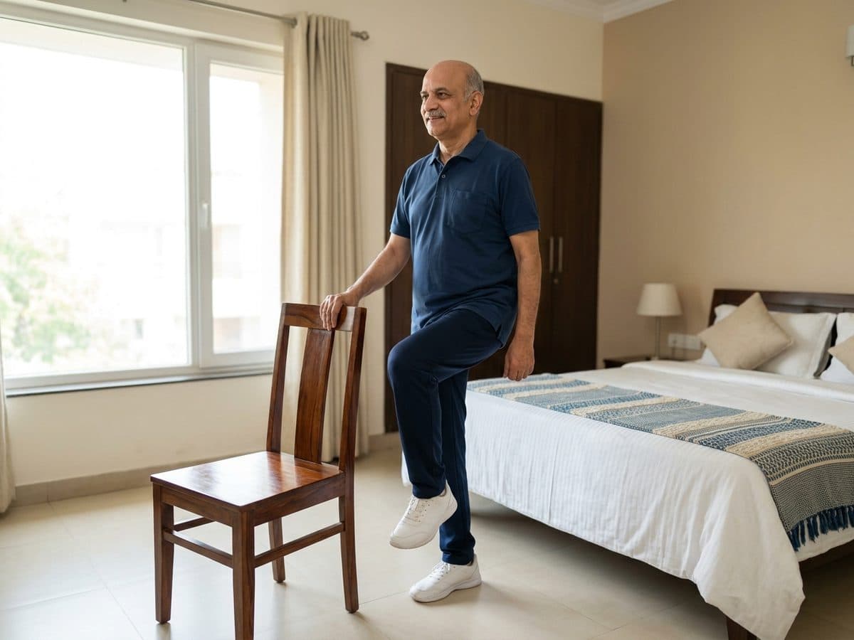 Stationary cycling or marching on the spot: an older Indian adult demonstrating the exercise at home