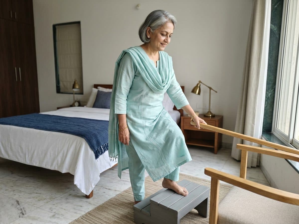 Step-ups on a low step: an older Indian adult demonstrating the exercise at home
