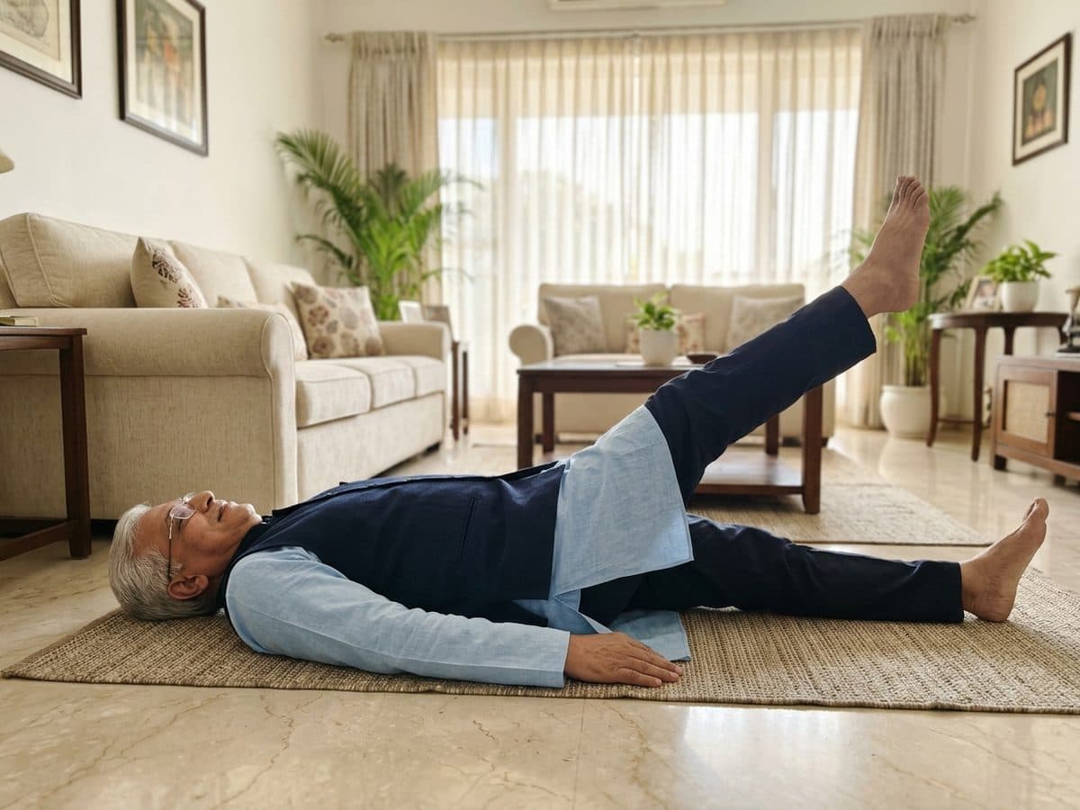 Straight-leg raise: an older Indian adult demonstrating the exercise at home