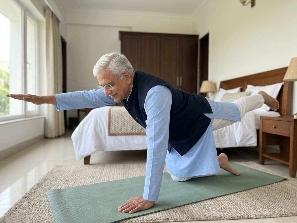 Bird dog: an older Indian adult demonstrating the exercise at home