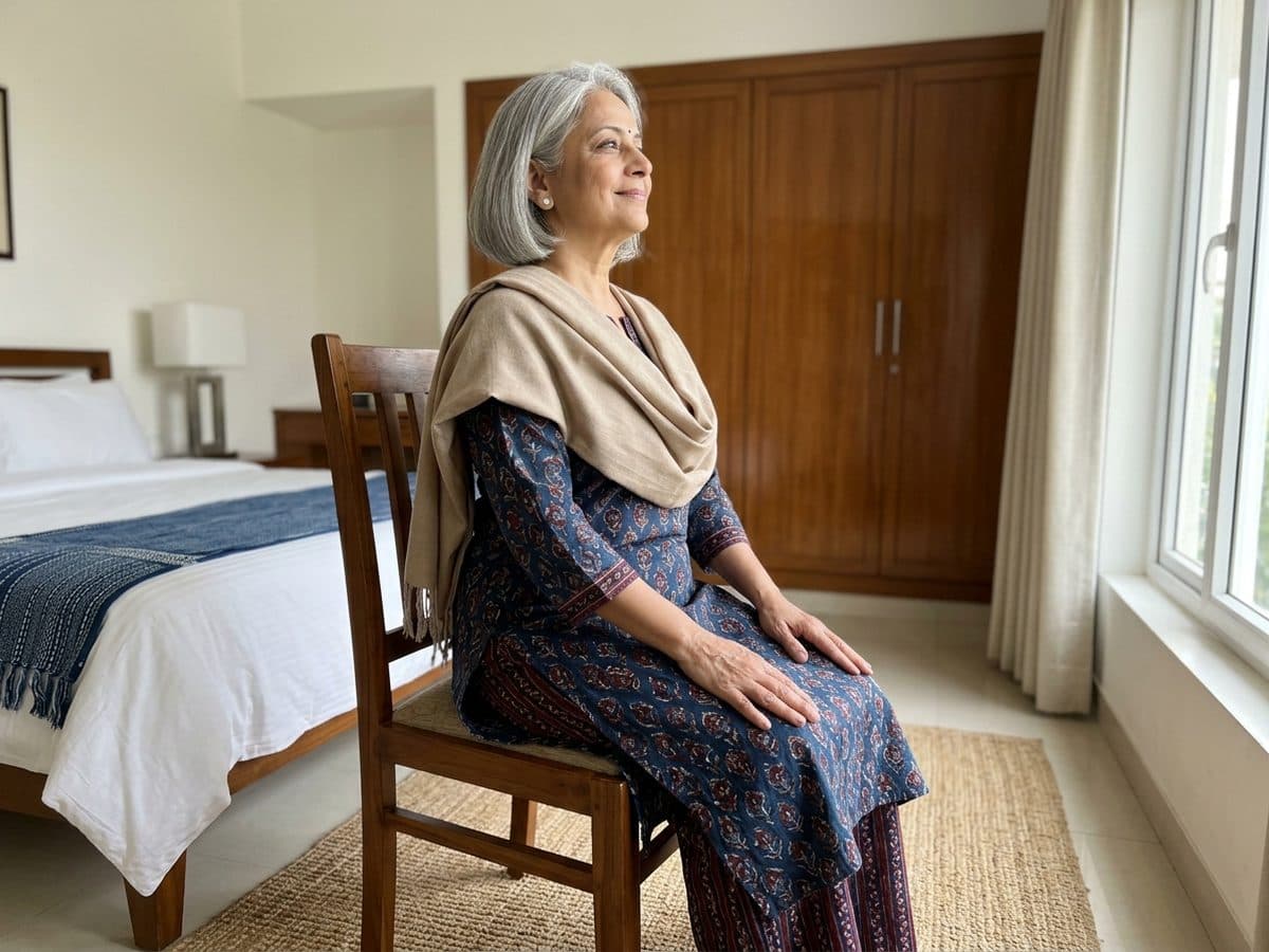 Cat-cow: an older Indian adult demonstrating the exercise at home