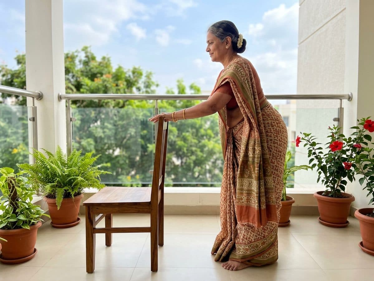 Chair-supported hip hinge: an older Indian adult demonstrating the exercise at home