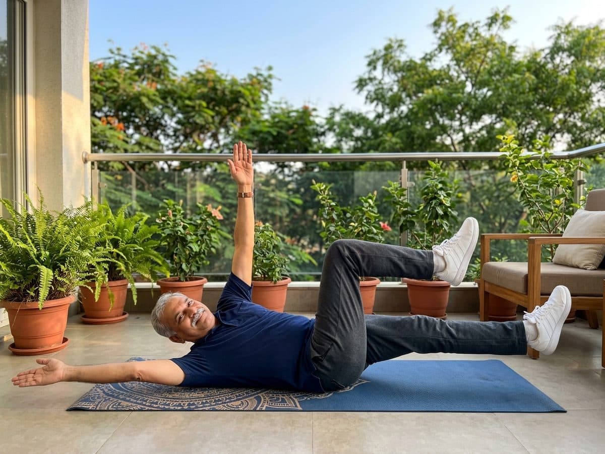 Dead bug: an older Indian adult demonstrating the exercise at home