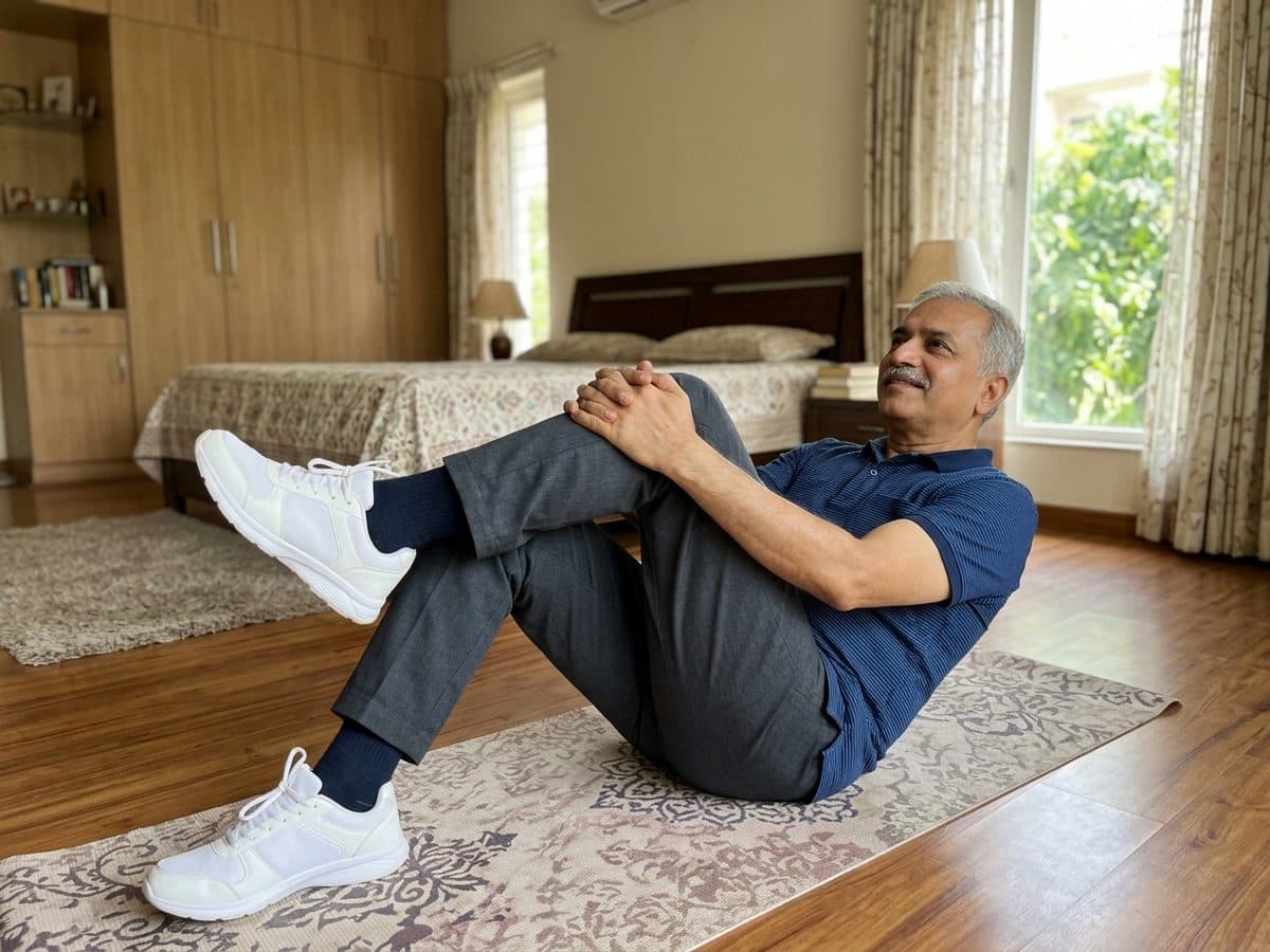 Knee-to-chest stretch: an older Indian adult demonstrating the exercise at home