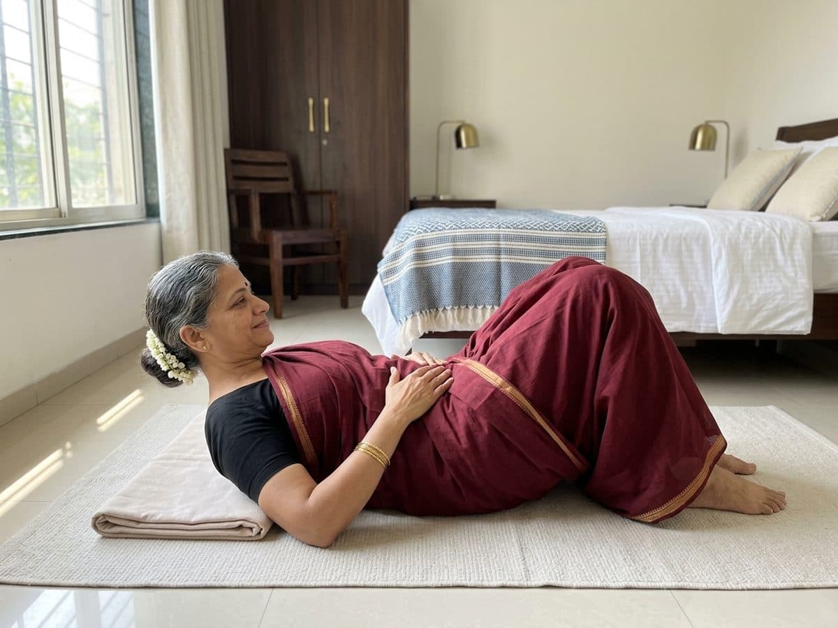 Pelvic tilt: an older Indian adult demonstrating the exercise at home