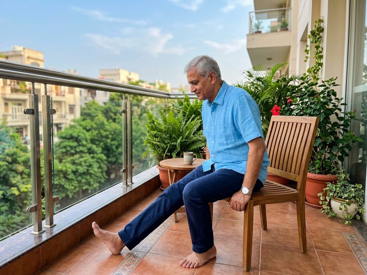 Seated hamstring stretch: an older Indian adult demonstrating the exercise at home